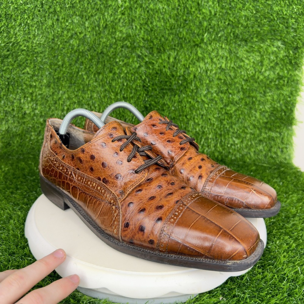 Stacy Adams Cognac Alligator/Ostrich Print Leather Loafers Sz 10